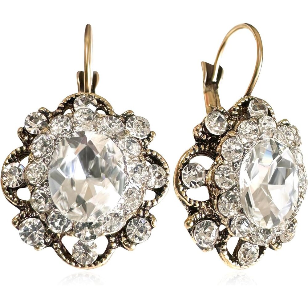 Handmade Bohemian Vintage Gold Sparkly Crystal Round Flower Leverback Earrings C